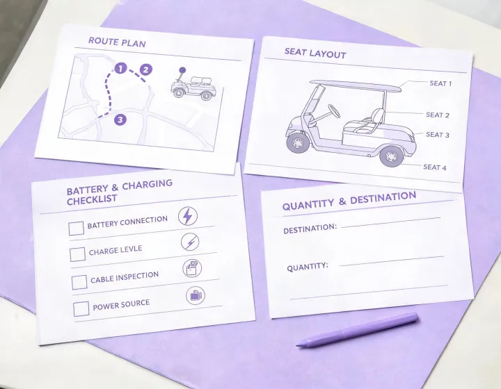 Buyer requirement workbook beside an electric golf cart route plan
