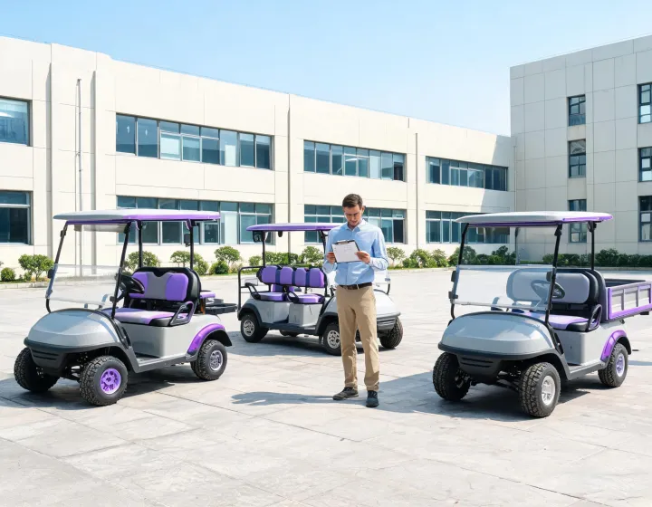 Custom electric golf carts arranged for a commercial fleet review