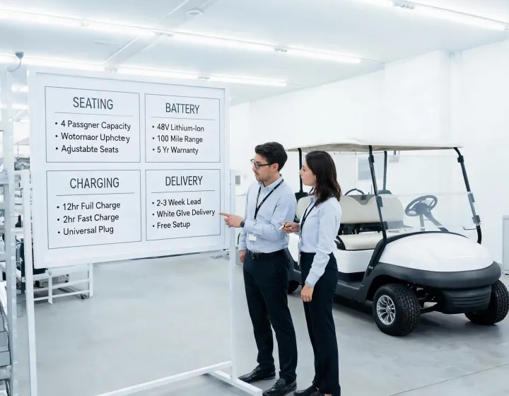Buyer and sourcing coordinator reviewing electric golf cart requirements